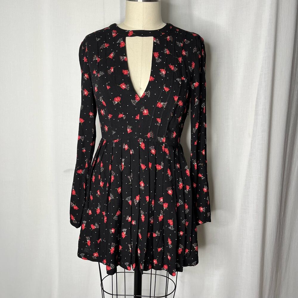 Free People Tegan Printed Long-Sleeve Keyhole Mini Dress In Black Combo Sz 2 NWT